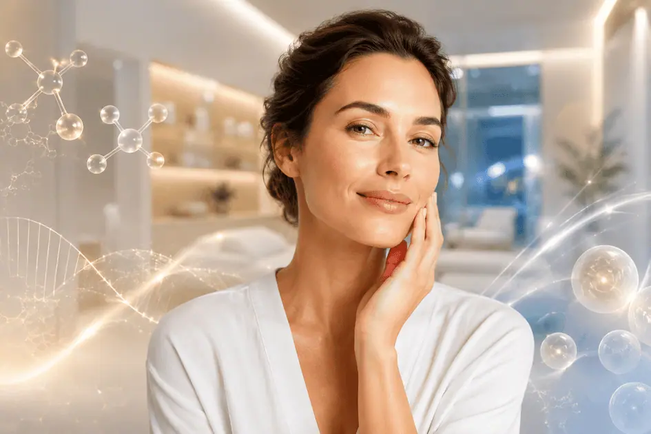 Woman with naturally radiant skin in a modern wellness clinic representing peptide therapy for skin health, collagen support, healthy aging, and overall wellness.