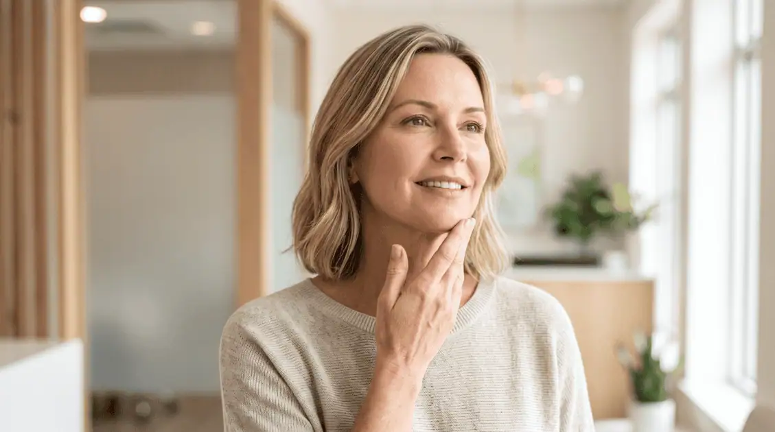 A smiling, middle-aged woman gently touching her firm jawline and neck in a bright, modern medspa, reflecting the subtle, natural-looking facial rejuvenation of a thread lift.